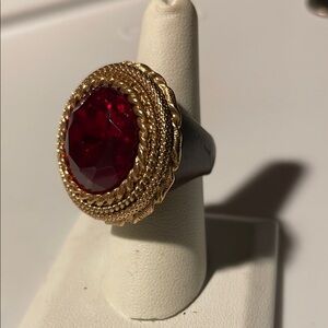 Elegant Black Resin & Gold Tone Ring with Red Faceted Glass Gemstone